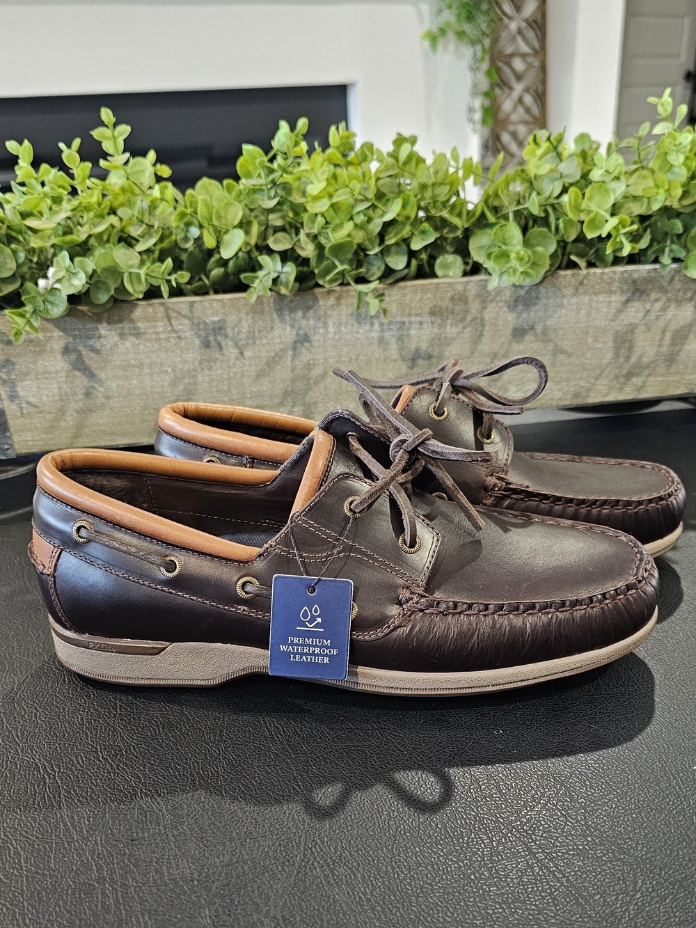Men's Brown Leather Boat Shoes Tan Collar Waterproof Leather Mens Sz 8 8.5 10.5